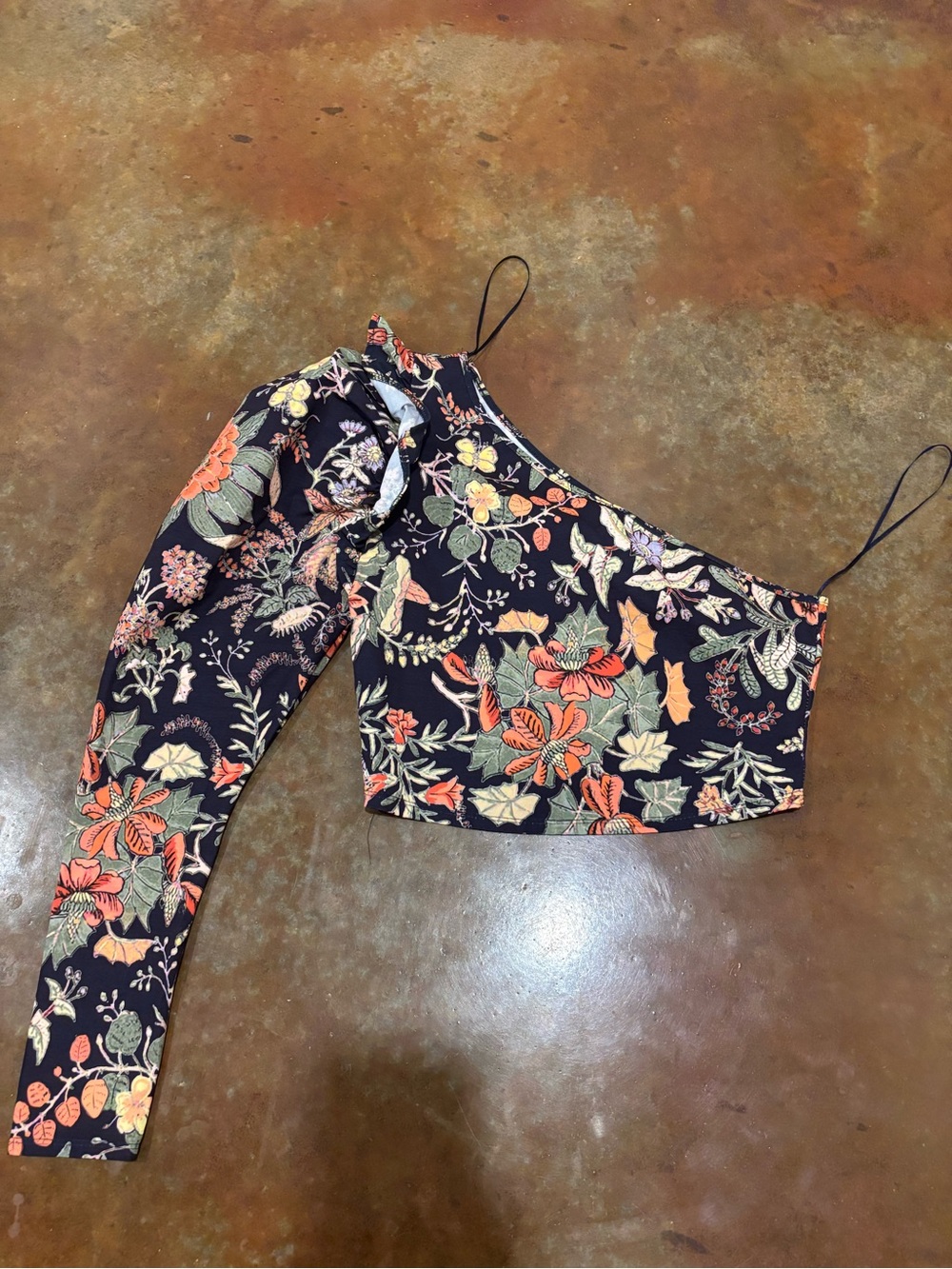 Zara Black Floral One-Shoulder Crop Top with Orange Accents
